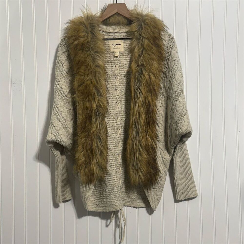 a.gain S/M Faux Fur Collar Wool Knit Cardigan Mob Wife Lace Up Dolman Sweater